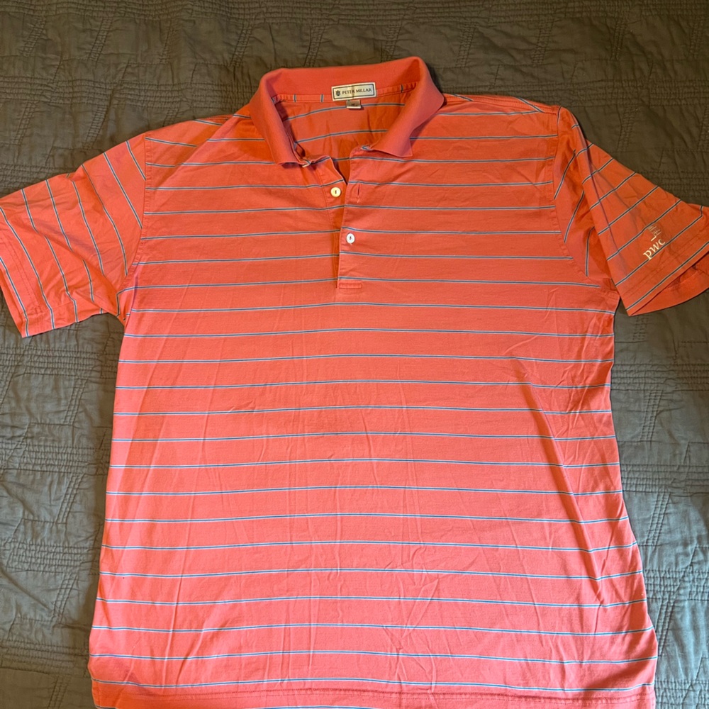 Peter Millar Coral and Blue Striped Polo